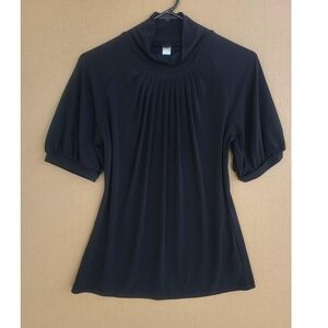 Merona Black Pleated Mock-Neck Top with Puff Sleeves
